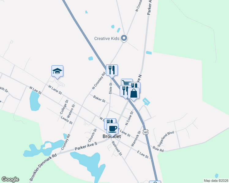 map of restaurants, bars, coffee shops, grocery stores, and more near 114 Oak Street in Brooklet
