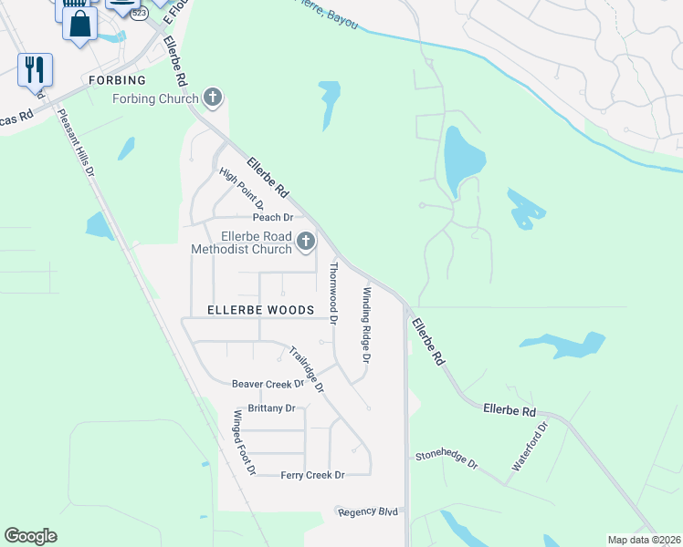 map of restaurants, bars, coffee shops, grocery stores, and more near 10005 Thornwood Drive in Shreveport
