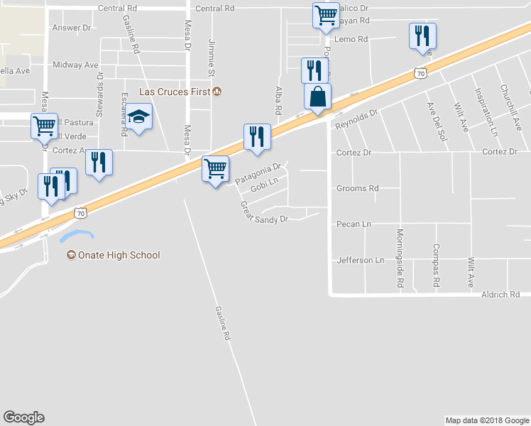 map of restaurants, bars, coffee shops, grocery stores, and more near 5718 Pecan Lane in Las Cruces