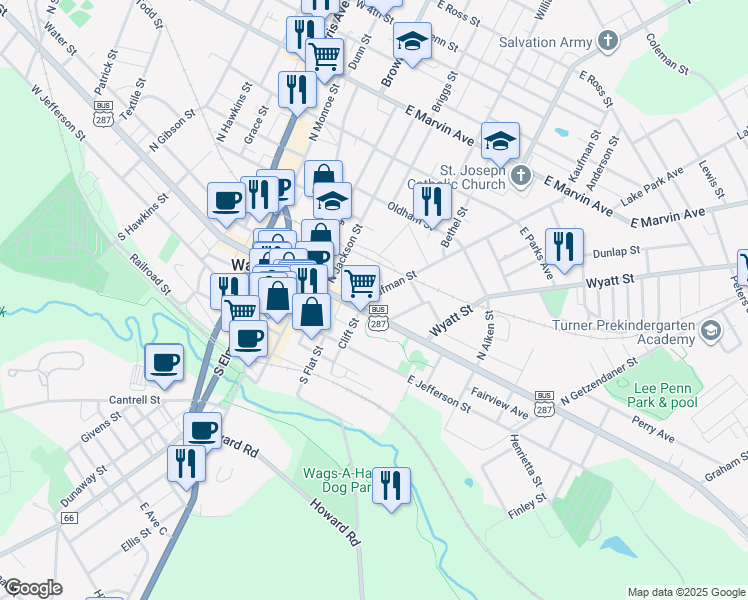 map of restaurants, bars, coffee shops, grocery stores, and more near 106 Kaufman Street in Waxahachie