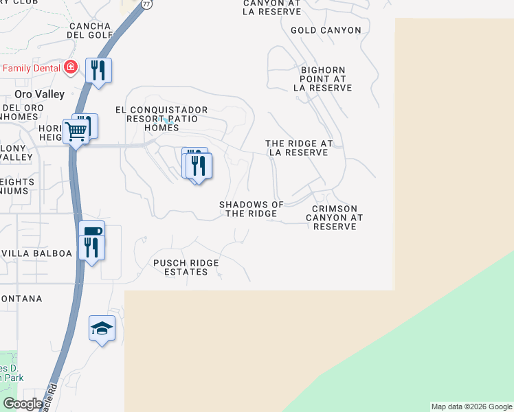 map of restaurants, bars, coffee shops, grocery stores, and more near 9814 North Ridge Shadow Place in Oro Valley