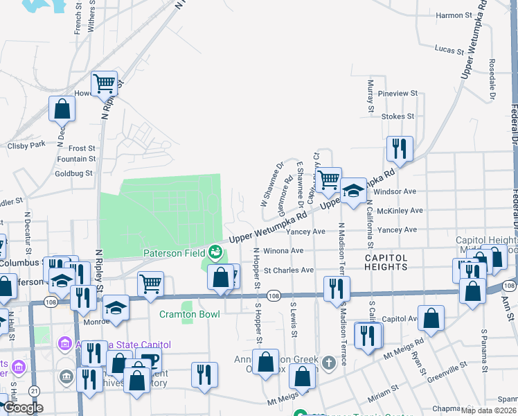 map of restaurants, bars, coffee shops, grocery stores, and more near 724 West Shawnee Drive in Montgomery