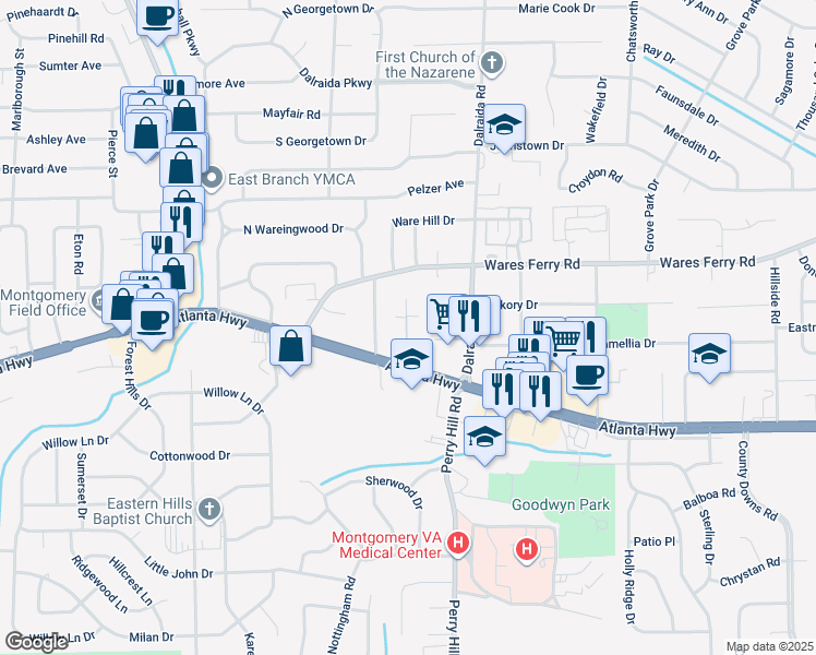 map of restaurants, bars, coffee shops, grocery stores, and more near 41 Cecil Lane in Montgomery