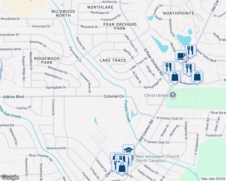 map of restaurants, bars, coffee shops, grocery stores, and more near 722 Colonial Circle in Jackson