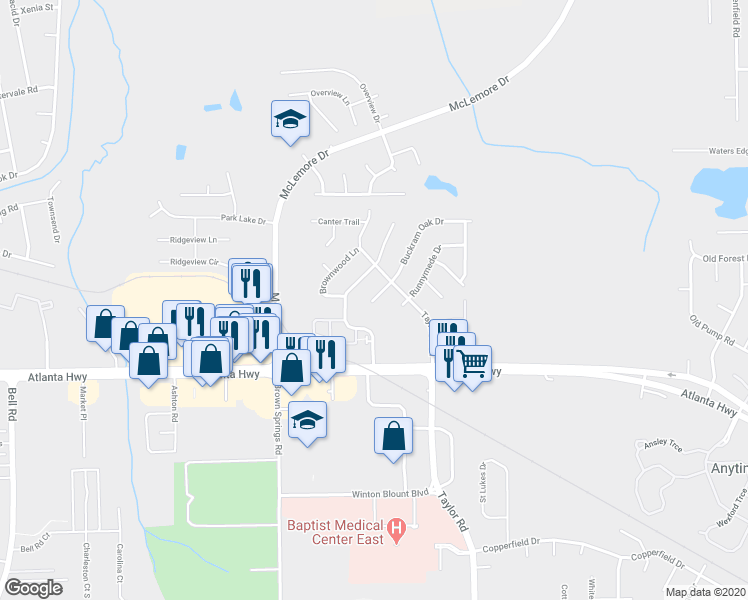 map of restaurants, bars, coffee shops, grocery stores, and more near 6919 Bluegrass Stakes in Montgomery