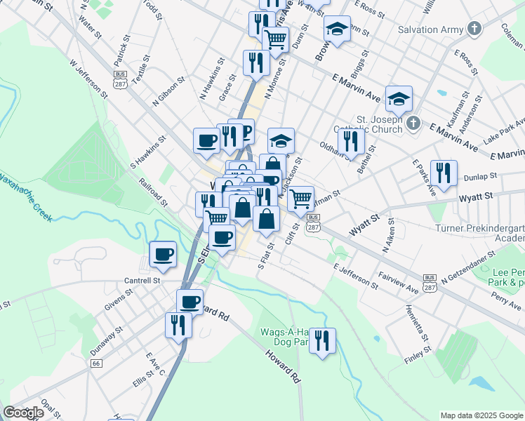 map of restaurants, bars, coffee shops, grocery stores, and more near 100 South College Street in Waxahachie