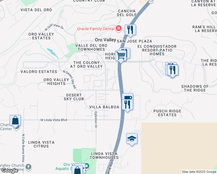 map of restaurants, bars, coffee shops, grocery stores, and more near 6 Valle Del Oro Road in Oro Valley