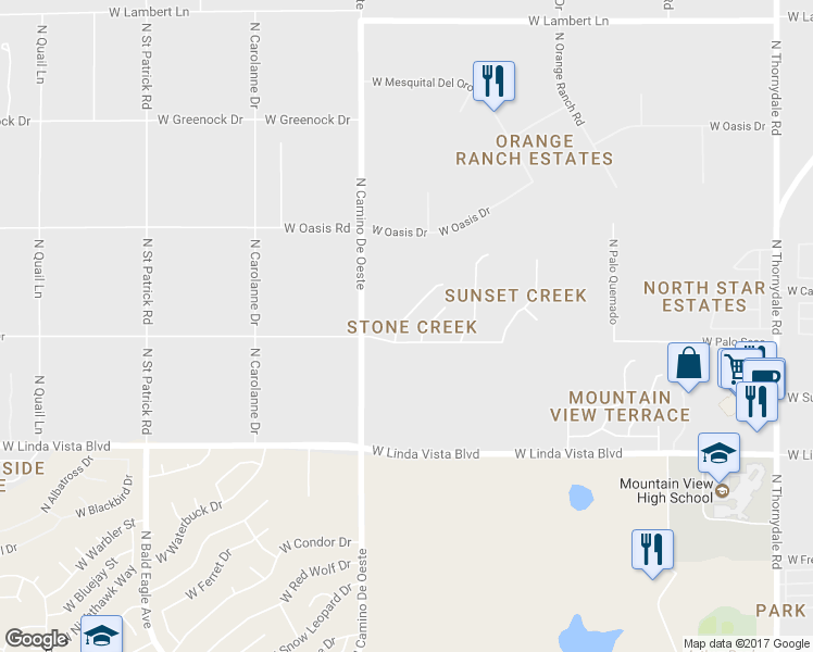 map of restaurants, bars, coffee shops, grocery stores, and more near 9844 North Longford Drive in Tucson