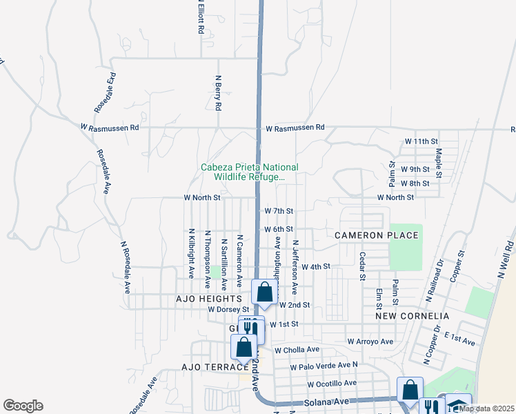 map of restaurants, bars, coffee shops, grocery stores, and more near 1500 Arizona 85 in Ajo