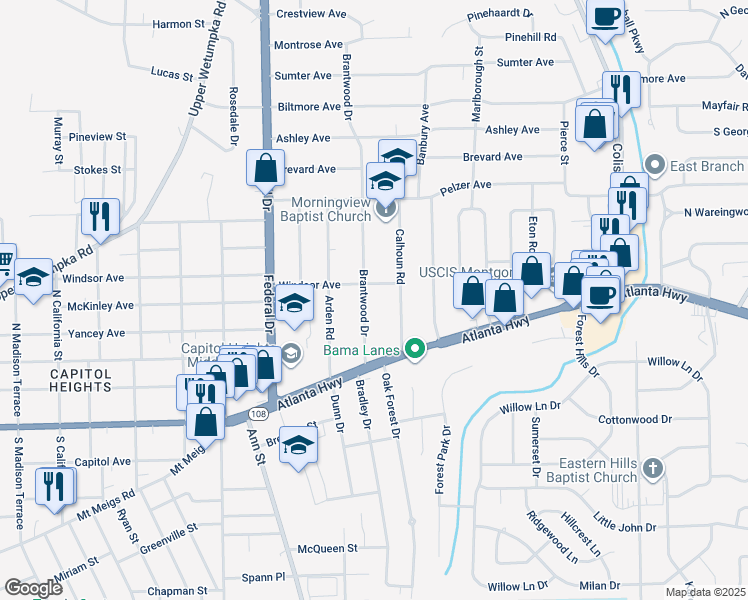 map of restaurants, bars, coffee shops, grocery stores, and more near 20 Brantwood Drive in Montgomery