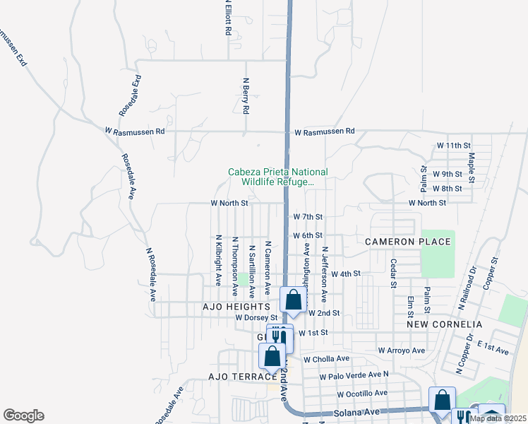 map of restaurants, bars, coffee shops, grocery stores, and more near 1531 North Cameron Avenue in Ajo