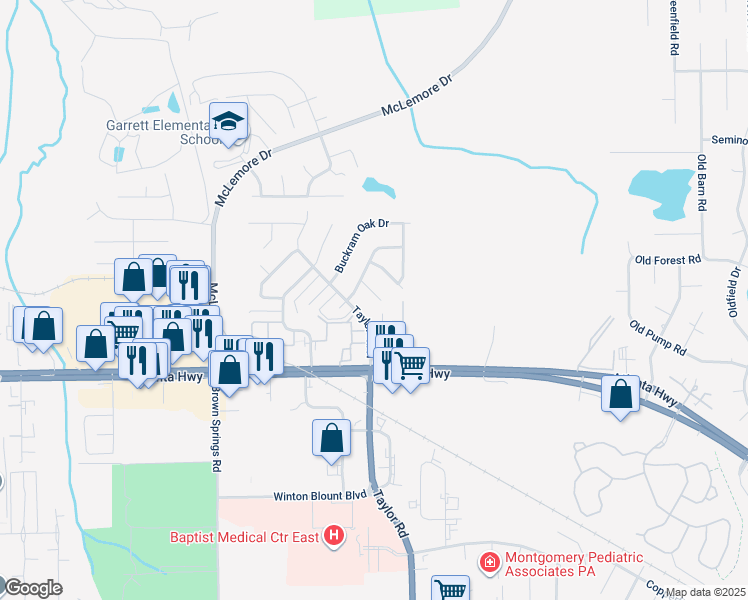 map of restaurants, bars, coffee shops, grocery stores, and more near 119 Kentucky Oaks Street in Montgomery
