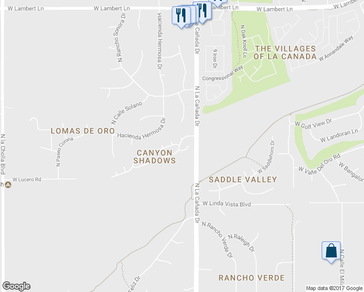 map of restaurants, bars, coffee shops, grocery stores, and more near 1449 West Canyon Shadows Lane in Oro Valley