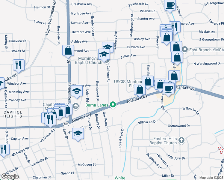 map of restaurants, bars, coffee shops, grocery stores, and more near 16 Calhoun Road in Montgomery