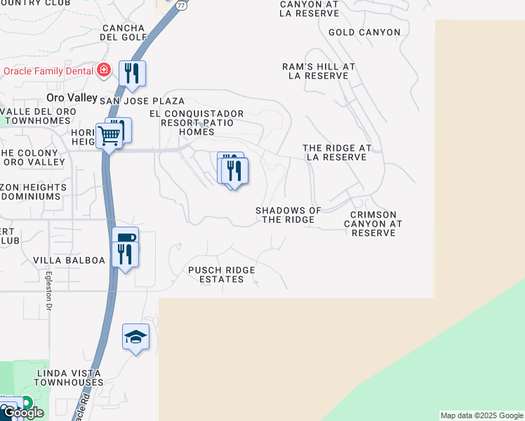 map of restaurants, bars, coffee shops, grocery stores, and more near 9852 North Ridge Shadow Place in Oro Valley