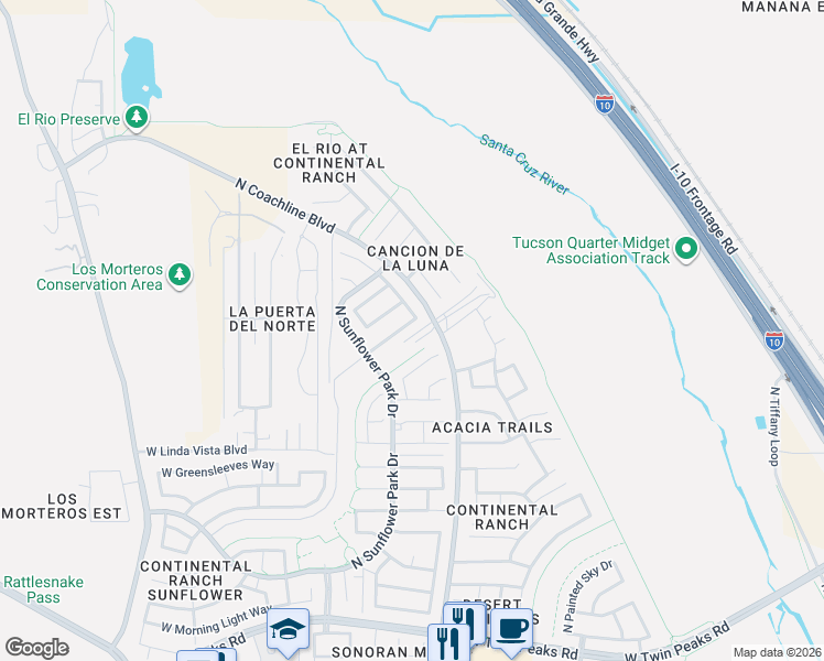 map of restaurants, bars, coffee shops, grocery stores, and more near 7471 West Mystic Sky Lane in Tucson