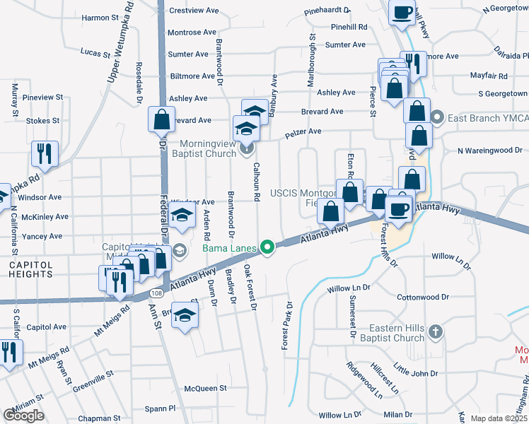 map of restaurants, bars, coffee shops, grocery stores, and more near 16 Calhoun Road in Montgomery