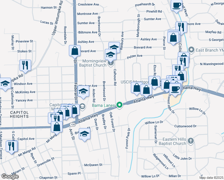 map of restaurants, bars, coffee shops, grocery stores, and more near 20 Brantwood Drive in Montgomery