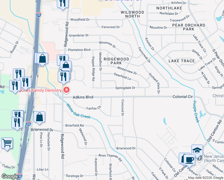map of restaurants, bars, coffee shops, grocery stores, and more near 1233 Springdale Drive in Jackson