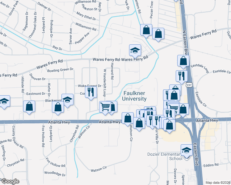map of restaurants, bars, coffee shops, grocery stores, and more near 225 Harvard Road in Montgomery