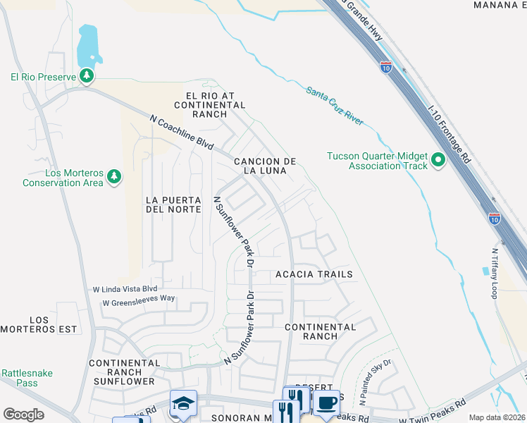 map of restaurants, bars, coffee shops, grocery stores, and more near 7471 West Mystic Sky Lane in Tucson