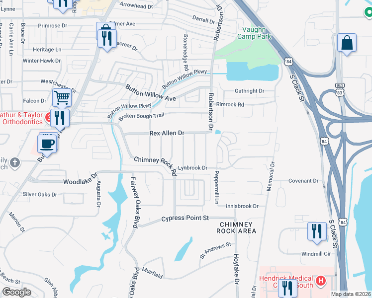 map of restaurants, bars, coffee shops, grocery stores, and more near 5241 Meadowick Lane in Abilene