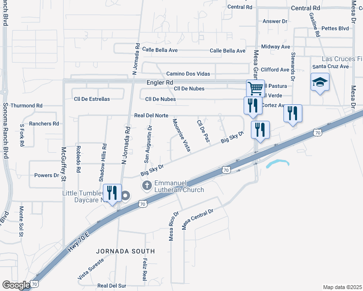 map of restaurants, bars, coffee shops, grocery stores, and more near 5975 Moonrise Vista in Las Cruces