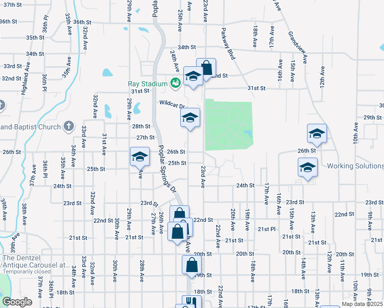 map of restaurants, bars, coffee shops, grocery stores, and more near 2516 24th Avenue in Meridian