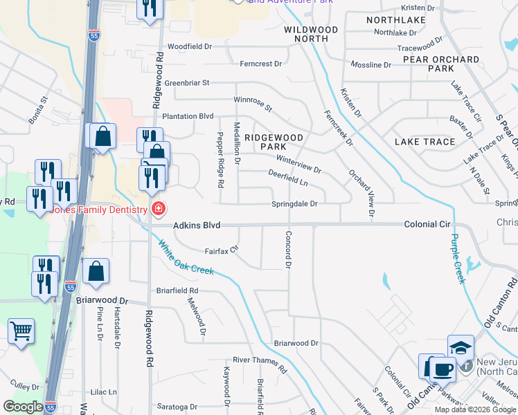 map of restaurants, bars, coffee shops, grocery stores, and more near 1233 Springdale Drive in Jackson