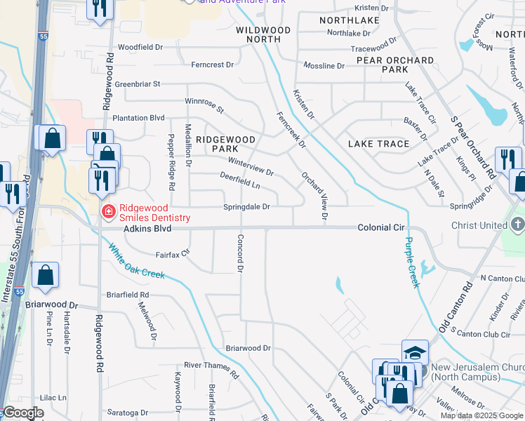 map of restaurants, bars, coffee shops, grocery stores, and more near 1331 Springdale Drive in Jackson