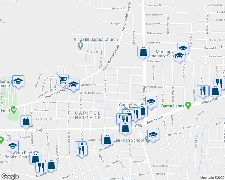 map of restaurants, bars, coffee shops, grocery stores, and more near 2123 Mckinley Avenue in Montgomery