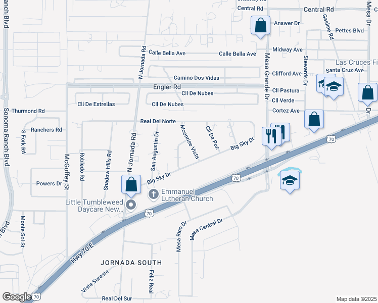 map of restaurants, bars, coffee shops, grocery stores, and more near 5975 Moonrise Vista in Las Cruces