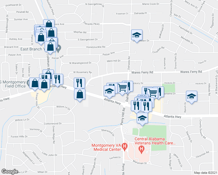 map of restaurants, bars, coffee shops, grocery stores, and more near 41 Cecil Lane in Montgomery