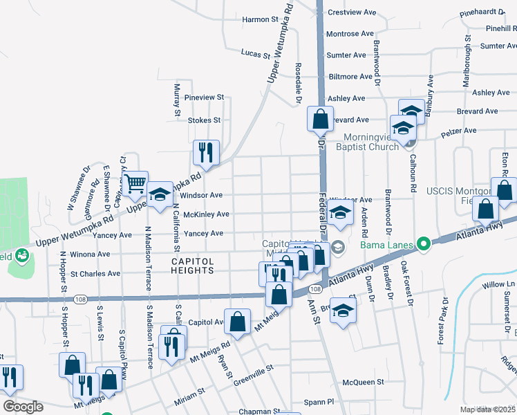 map of restaurants, bars, coffee shops, grocery stores, and more near 2123 McKinley Avenue in Montgomery