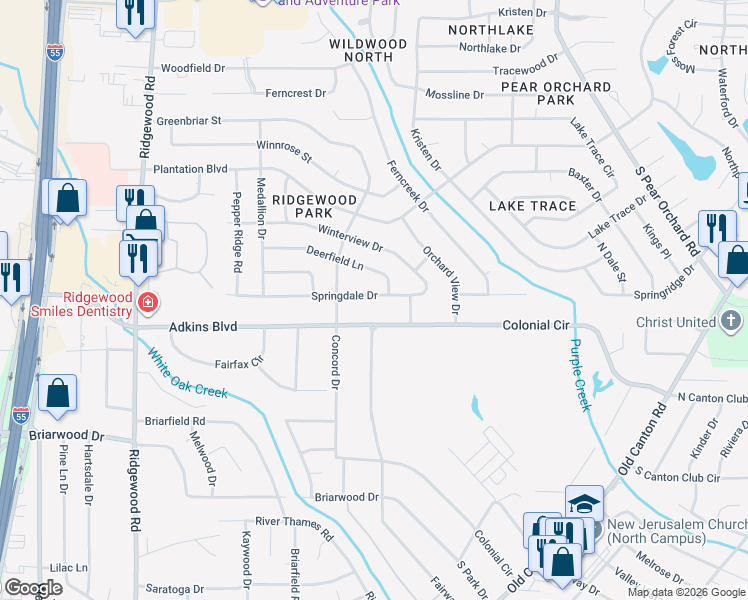 map of restaurants, bars, coffee shops, grocery stores, and more near 1331 Springdale Drive in Jackson