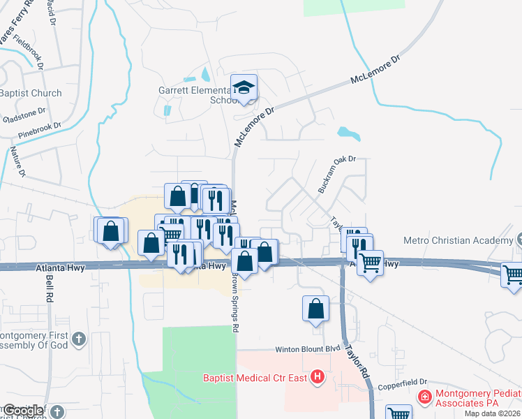 map of restaurants, bars, coffee shops, grocery stores, and more near 6813 Brownwood Lane in Montgomery