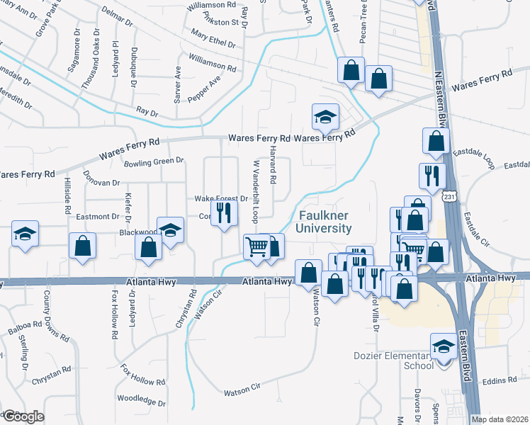 map of restaurants, bars, coffee shops, grocery stores, and more near 225 Harvard Road in Montgomery