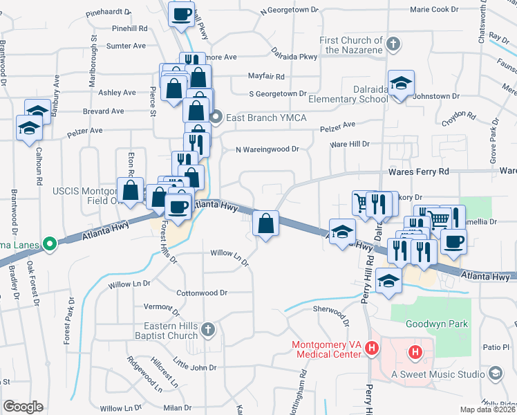 map of restaurants, bars, coffee shops, grocery stores, and more near 3660 Atlanta Highway in Montgomery