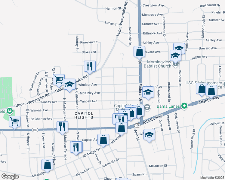 map of restaurants, bars, coffee shops, grocery stores, and more near 2123 McKinley Avenue in Montgomery