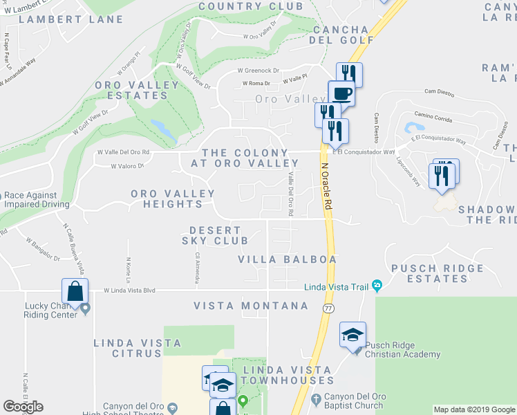 map of restaurants, bars, coffee shops, grocery stores, and more near 9837 North Heavenly Sky Drive in Oro Valley