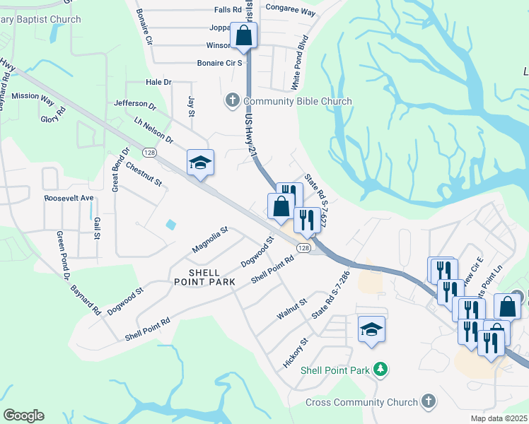 map of restaurants, bars, coffee shops, grocery stores, and more near 42 South Carolina 128 in Beaufort