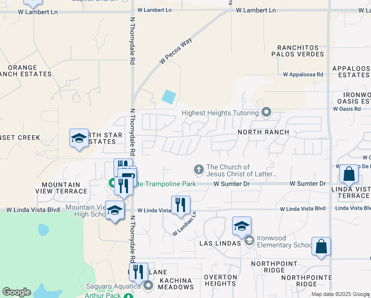 map of restaurants, bars, coffee shops, grocery stores, and more near 9831 North Western Sky Place in Tucson
