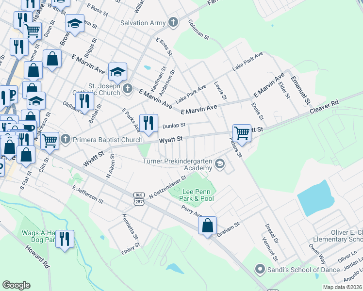 map of restaurants, bars, coffee shops, grocery stores, and more near 107 Jarrett Street in Waxahachie