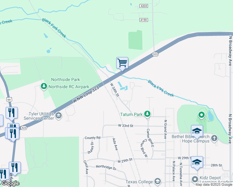 map of restaurants, bars, coffee shops, grocery stores, and more near Texas College Road in Tyler