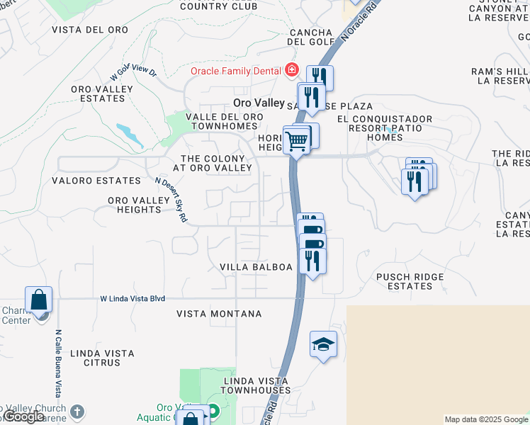 map of restaurants, bars, coffee shops, grocery stores, and more near 6 Valle Del Oro Road in Oro Valley