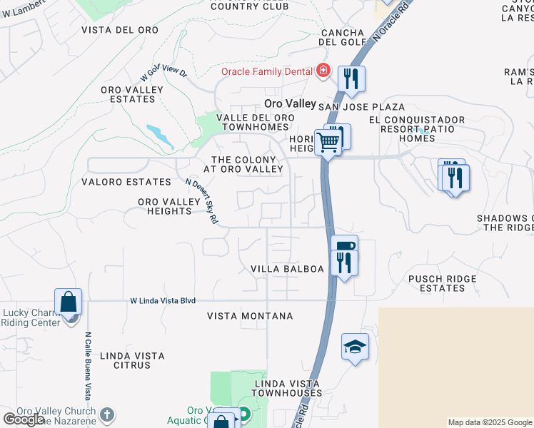 map of restaurants, bars, coffee shops, grocery stores, and more near 9837 North Heavenly Sky Drive in Oro Valley