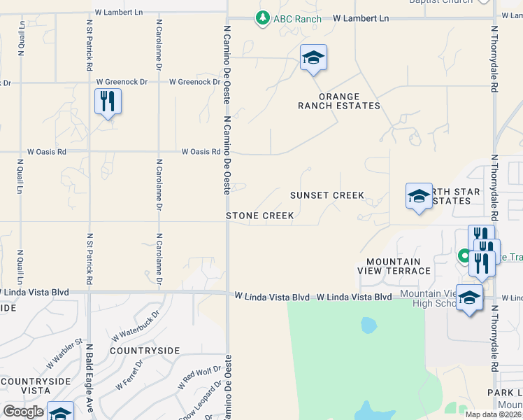 map of restaurants, bars, coffee shops, grocery stores, and more near 9844 North Longford Drive in Tucson