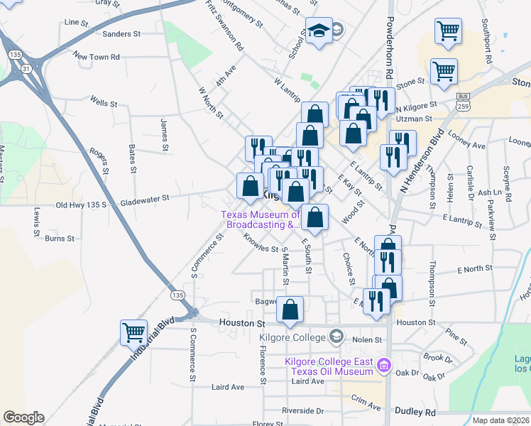 map of restaurants, bars, coffee shops, grocery stores, and more near 200 South Kilgore Street in Kilgore