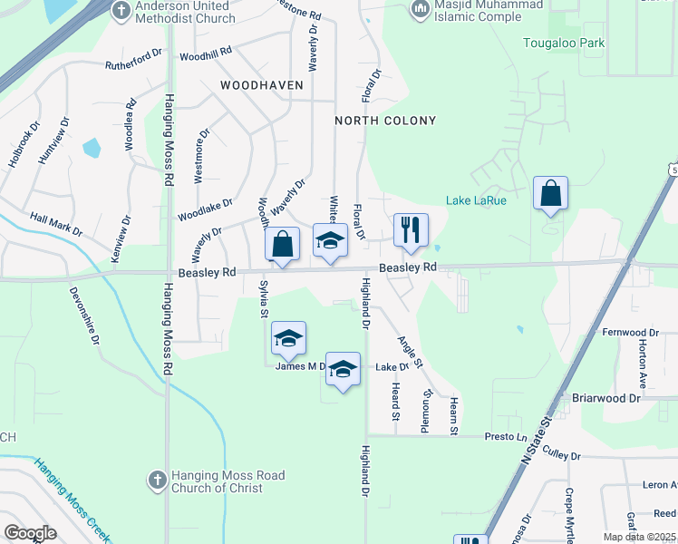 map of restaurants, bars, coffee shops, grocery stores, and more near 601 Beasley Road in Jackson