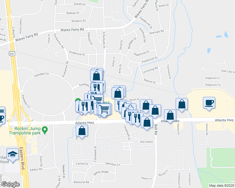 map of restaurants, bars, coffee shops, grocery stores, and more near 102 Havenwood Lane in Montgomery